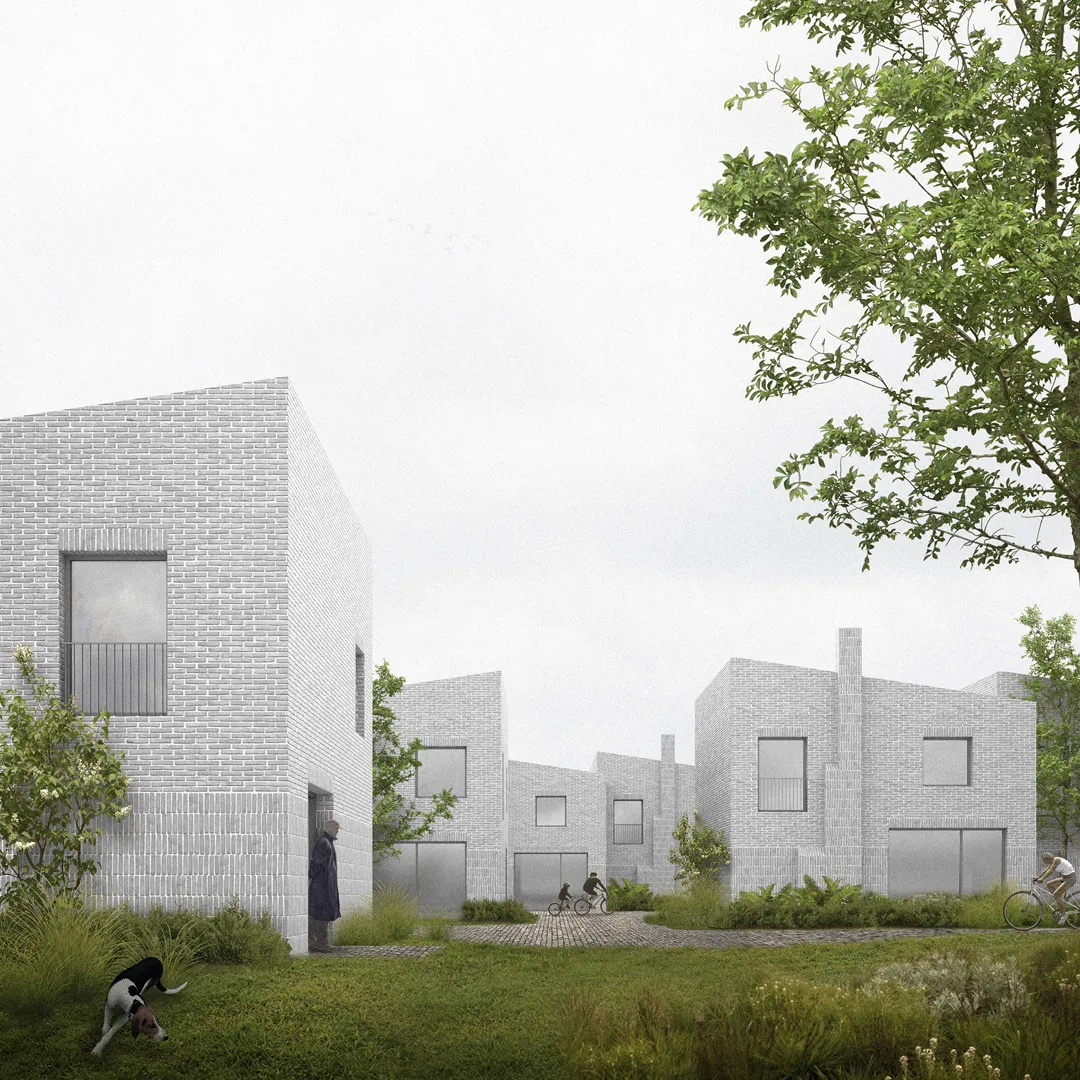 row houses with grey decorative brick within landscaping
